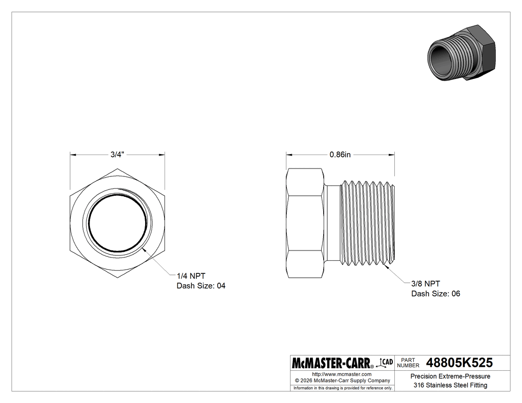 Technical Drawing of Precision Extreme-Pressure 316 Stainless Steel Fitting, Bushing Reducing Adapter, 3/8 Male x 1/4 Female NPT.